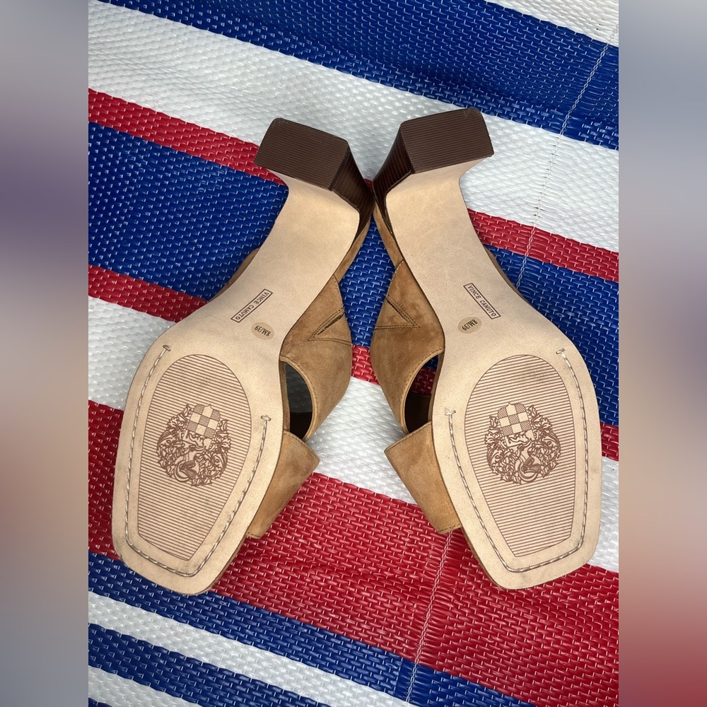 NWOT Vince Camuto Slip On Suede Criss Cross Stap Tan Women's Block Heels Mules 8 - Picture 6 of 16